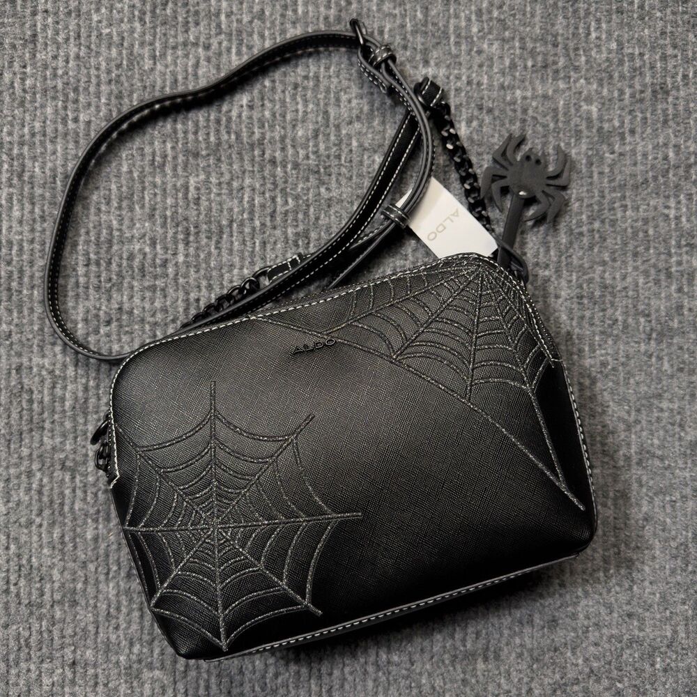 Aldo Black Silver Spider Web Purse Crossbody Bag Spider Charm Halloween Goth NEW - Picture 1 of 12